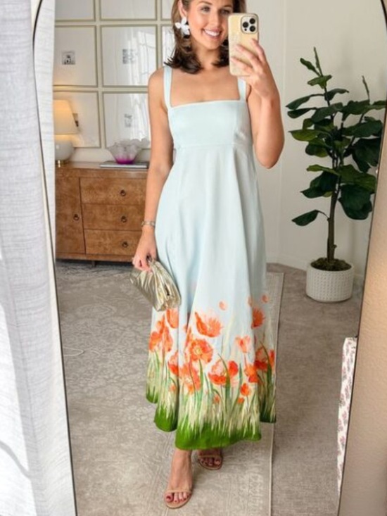 Hill House Dresses & Skirts - Hill House Rowena - Light Blue Floral Maxi Dress with Orange Poppy Print